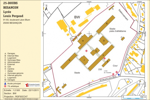 Plan-masse et de situation. Extrait du plan cadastral numérisé, section BW, échelle 1:2500 © Région Bourgogne-Franche-Comté, Inventaire du patrimoine