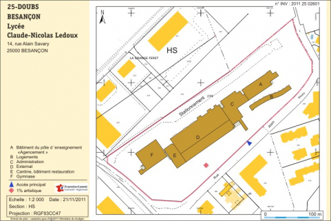 Plan-masse et de situation. Extrait du plan cadastral numérisé, section HS, échelle 1:2000 © Région Bourgogne-Franche-Comté, Inventaire du patrimoine