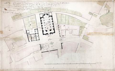 Plan général de l'emplacement de l'église. [Les lettres A, B, C correspondent aux terrains possibles pour ériger l'église. En C, l'édifice de Bertrand, en A, l'endroit d'où sortira de terre celui d'Amoudru]. © Région Bourgogne-Franche-Comté, Inventaire du patrimoine