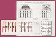 Elévation et plans des caves, du rez-de-chaussée et du premier étage du corps de casernes à construire. © Région Bourgogne-Franche-Comté, Inventaire du patrimoine