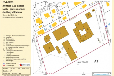 Plan-masse et de situation. Extrait du plan cadastral numérisé, section AT, échelle 1:1250. © Région Bourgogne-Franche-Comté, Inventaire du patrimoine