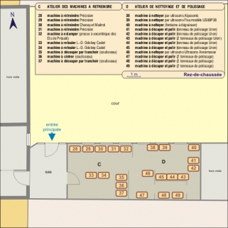 Ateliers des machines à rétreindre, et de nettoyage et de polissage : schéma de distribution des machines. Echelle 1:90. © Région Bourgogne-Franche-Comté, Inventaire du patrimoine
