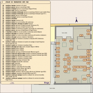 Atelier de fabrication côté rue : schéma de distribution des machines. Echelle 1:120. © Région Bourgogne-Franche-Comté, Inventaire du patrimoine