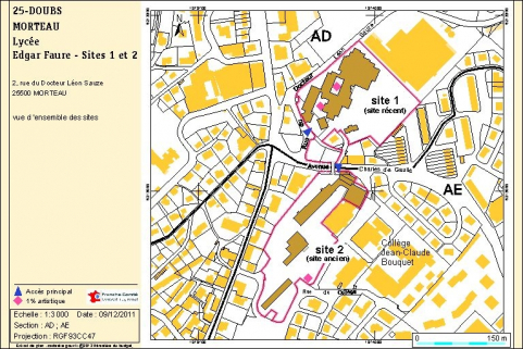 Plan de situation. Extrait du plan cadastral numérisé, 2012, sections AD et AE, échelle 1:1000 réduite à 1:3000. Source : Direction générale des Finances Publiques - Cadastre ; mise à jour : 2011. © Région Bourgogne-Franche-Comté, Inventaire du patrimoine Plan de situation. Extrait du plan cadastral numérisé, 2012, sections AD et AE, échelle 1:1000 réduite à 1:3000. Source : Direction générale des Finances Publiques - Cadastre ; mise à jour : 2011. © Région Bourgogne-Franche-Comté, Inventaire du patrimoine