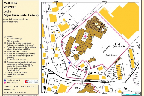 Site récent (partie nord) : plan-masse. Extrait du plan cadastral numérisé, 2012, section AD, échelle 1:1000 réduite à 1:1500. Source : Direction générale des Finances Publiques - Cadastre ; mise à jour : 2011. © Région Bourgogne-Franche-Comté, Inventaire du patrimoine Site récent (partie nord) : plan-masse. Extrait du plan cadastral numérisé, 2012, section AD, échelle 1:1000 réduite à 1:1500. Source : Direction générale des Finances Publiques - Cadastre ; mise à jour : 2011. © Région Bourgogne-Franche-Comté, Inventaire du patrimoine