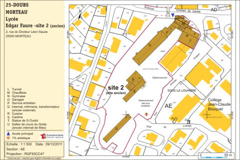 Site ancien (partie sud) : plan-masse. Extrait du plan cadastral numérisé, 2012, section AE, échelle 1:1000 réduite à 1:1500. Source : Direction générale des Finances Publiques - Cadastre ; mise à jour : 2011. © Région Bourgogne-Franche-Comté, Inventaire du patrimoine Site ancien (partie sud) : plan-masse. Extrait du plan cadastral numérisé, 2012, section AE, échelle 1:1000 réduite à 1:1500. Source : Direction générale des Finances Publiques - Cadastre ; mise à jour : 2011. © Région Bourgogne-Franche-Comté, Inventaire du patrimoine