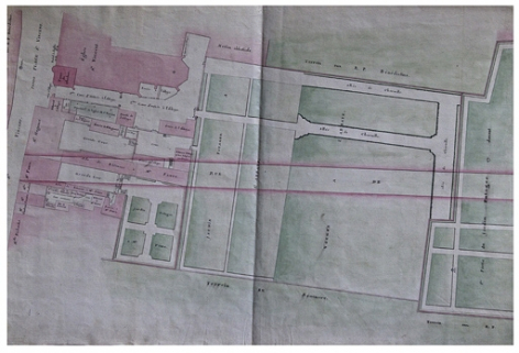 Plan de la rue de la Traverse depuis la Grande Rue jusqu'à l'intendance : détail du tracé de la rue Mégevand au clos de l'abbaye Saint-Vincent. © Région Bourgogne-Franche-Comté, Inventaire du Patrimoine