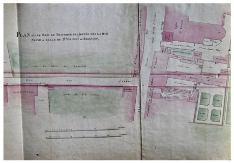 Plan de la rue de la Traverse depuis la Grande Rue jusqu'à l'intendance : détail du tracé de la rue Mégevand en direction de la Grande Rue. © Région Bourgogne-Franche-Comté, Inventaire du Patrimoine