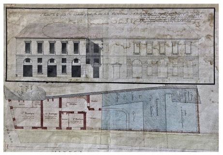 Plan de l'élargissement de la ruelle des Carmes : détail de l'aménagement contre le palais Granvelle. © Région Bourgogne-Franche-Comté, Inventaire du Patrimoine