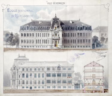Ville de Besançon. Projet de construction d'une Ecole nat[ion]ale d'Horlogerie. 5. Elévation des façades sur rues, 1906. © Région Bourgogne-Franche-Comté, Inventaire du patrimoine