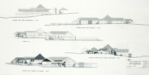 Région de Franche-Comté. District de Morteau. Lycée polyvalent de Morteau. APS. Façades, coupe, 1985. © Région Bourgogne-Franche-Comté, Inventaire du patrimoine Région de Franche-Comté. District de Morteau. Lycée polyvalent de Morteau. APS. Façades, coupe, 1985. © Région Bourgogne-Franche-Comté, Inventaire du patrimoine
