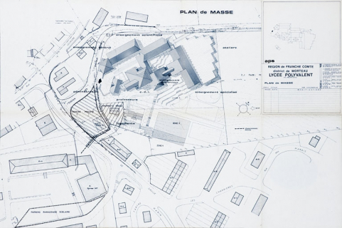 Région de Franche-Comté. District de Morteau. Lycée polyvalent de Morteau. APS. Plan de masse, 1985. © Région Bourgogne-Franche-Comté, Inventaire du patrimoine Région de Franche-Comté. District de Morteau. Lycée polyvalent de Morteau. APS. Plan de masse, 1985. © Région Bourgogne-Franche-Comté, Inventaire du patrimoine