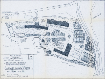 Ville de Morteau. Centre d'apprentissage avec internat garçons et filles et établissement du second degré externat mixte 1er cycle. Esquisse avant-projet de plan masse. A, 1957. © Région Bourgogne-Franche-Comté, Inventaire du patrimoine Ville de Morteau. Centre d'apprentissage avec internat garçons et filles et établissement du second degré externat mixte 1er cycle. Esquisse avant-projet de plan masse. A, 1957. © Région Bourgogne-Franche-Comté, Inventaire du patrimoine