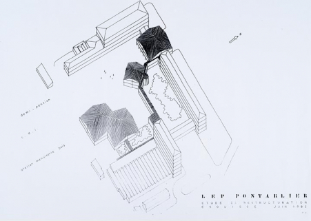 LEP Pontarlier. Etude de restructuration. Esquisse [axonométrie], 1985. © Région Bourgogne-Franche-Comté, Inventaire du patrimoine
