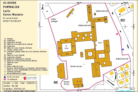 Plan-masse et de situation. Extrait du plan cadastral numérisé, 2012, sections BD et BE, échelle 1:1000 réduite à 1:1500. Source : Direction générale des Finances Publiques - Cadastre ; mise à jour : 2011. © Région Bourgogne-Franche-Comté, Inventaire du patrimoine