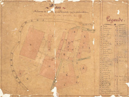 Plan de l'usine de la Casserie avec les conduites de gaz, les réverbères et les becs. © Région Bourgogne-Franche-Comté, Inventaire du patrimoine