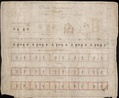 Cité ouvrière de M. Japy Frères et Cie à L’Isle-sur-le-Doubs. Groupe de 10 logements, grand modèle, type n°2, calque, plume, lavis, échelle 1/100, par Michaux, architecte, 1er juillet 1875. © Région Bourgogne-Franche-Comté, Inventaire du patrimoine