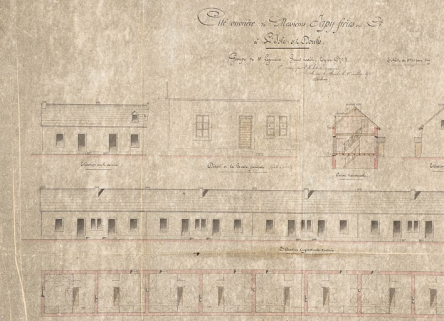 Cité ouvrière de M. Japy Frères et Cie à L’Isle-sur-le-Doubs. Groupe de 10 logements, grand modèle, type n°2 [détail], calque, plume, lavis, échelle 1/100, par Michaux, architecte, 1er juillet 1875. © Région Bourgogne-Franche-Comté, Inventaire du patrimoine
