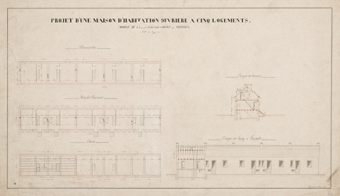 Projet d'une maison d'habitation ouvrière à 5 logements – Modèle l’Isle-sur-le-Doubs, plan, plume, lavis, par Michaux, Lafeschotte, échelle 1/100, 14 février 1876 © Région Bourgogne-Franche-Comté, Inventaire du patrimoine