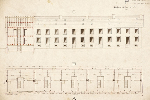 Maison d'habitation à 10 logements. Elévation et plan du 1er étage. © Région Bourgogne-Franche-Comté, Inventaire du patrimoine