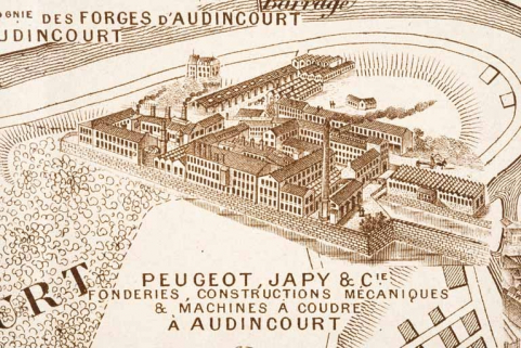 Plan monumental des grandes usines [...]. Fonderies, constructions mécaniques et machines à coudre Peugeot Japy et Cie [détail]. © Région Bourgogne-Franche-Comté, Inventaire du patrimoine