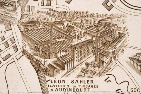 Plan monumental des grandes usines [...]. Filatures et tissages Léon Sahler [détail]. © Région Bourgogne-Franche-Comté, Inventaire du patrimoine