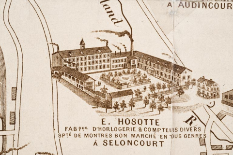 Plan monumental des grandes usines [...]. Fabrique d'horlogerie et compteurs divers E. Hosotte [détail]. © Région Bourgogne-Franche-Comté, Inventaire du patrimoine