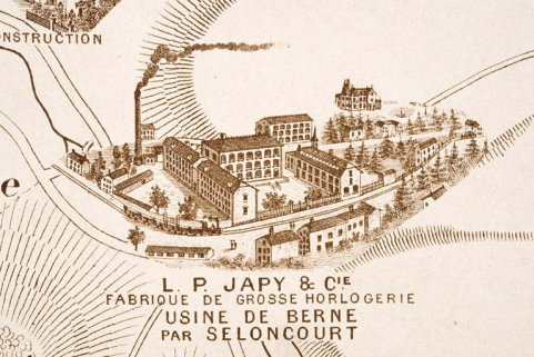 Plan monumental des grandes usines [...]. Fabrique de grosse horlogerie L.P. Japy et Cie [détail]. © Région Bourgogne-Franche-Comté, Inventaire du patrimoine