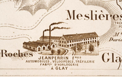 Plan monumental des grandes usines [...]. Automobiles, vélocipèdes, tréfilerie, fabrique d'horlogerie Jeanperrin Frères [détail]. © Région Bourgogne-Franche-Comté, Inventaire du patrimoine