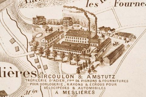 Plan monumental des grandes usines [...]. Tréfilerie d'acier, fabrique de pignons et fournitures pour l'horlogerie [...] Sircoulon et Amstutz [détail]. © Région Bourgogne-Franche-Comté, Inventaire du patrimoine
