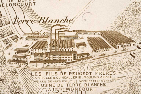 Plan monumental des grandes usines [...]. Articles de quincaillerie, moulins à café, tous les genres d'outils [...] Les Fils de Peugeot Frères [détail]. © Région Bourgogne-Franche-Comté, Inventaire du patrimoine