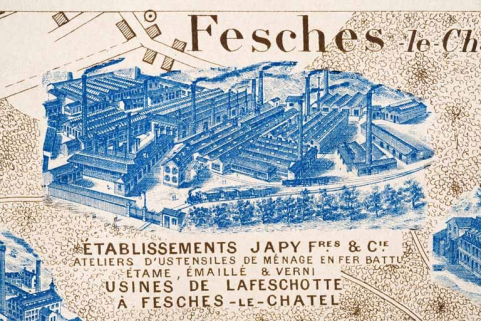 Plan monumental des grandes usines [...]. Ateliers d'ustensiles de ménage en fer battu, étamé, émaillé et verni Japy Frères et Cie [détail]. © Région Bourgogne-Franche-Comté, Inventaire du patrimoine