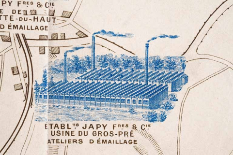 Plan monumental des grandes usines [...]. Ateliers d'émaillage Japy Frères et Cie [détail]. © Région Bourgogne-Franche-Comté, Inventaire du patrimoine