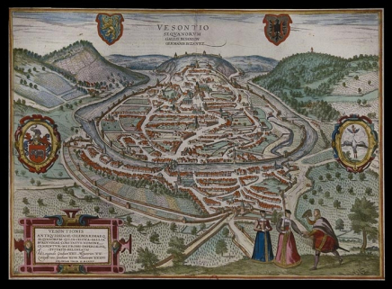Vue cavalière de la ville en 1575. © Région Bourgogne-Franche-Comté, Inventaire du Patrimoine