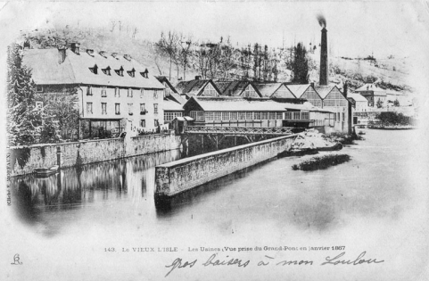 Le Vieux L'Isle. Les usines - Vue prise du Grand Pont en janvier 1867, carte postale. © Région Bourgogne-Franche-Comté, Inventaire du patrimoine