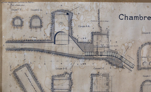 Société des Forces motrices du Refrain. Plan d'exécution. Chambre de mise en charge [détail : coupe longitudinale], 1908 © Région Bourgogne-Franche-Comté, Inventaire du patrimoine