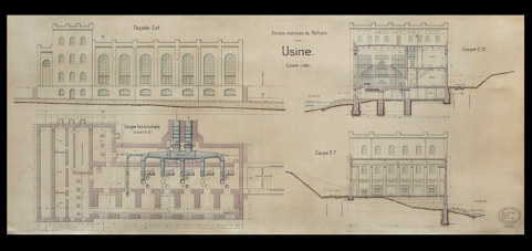 Forces motrices du Refrain. Usine [plan du soubassement, coupes transversales et élévation orientale], 1908 © Région Bourgogne-Franche-Comté, Inventaire du patrimoine