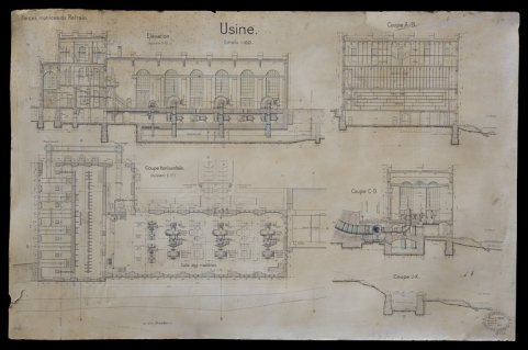 Forces motrices du Refrain. Usine [plan au rez-de-chaussée et coupes longitudinale et transversales], 1908 © Région Bourgogne-Franche-Comté, Inventaire du patrimoine