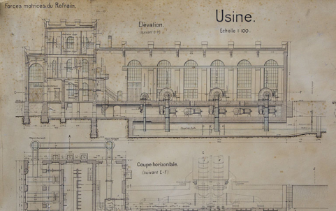 Forces motrices du Refrain. Usine [détail : coupe longitudinale], 1908 © Région Bourgogne-Franche-Comté, Inventaire du patrimoine