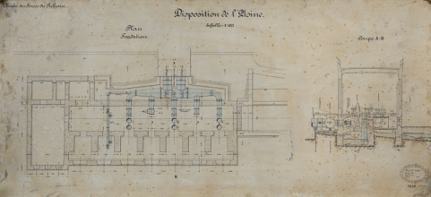Société des Forces du Refrain. Disposition de l'Usine. Plan fondation [et] Coupe A-B, 1908 © Région Bourgogne-Franche-Comté, Inventaire du patrimoine