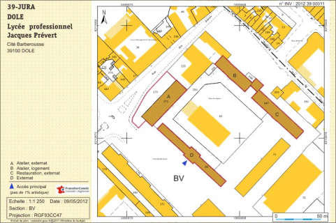Plan-masse et de situation. Extrait du plan cadastral numérisé, section BV, échelle 1:1250. © Région Bourgogne-Franche-Comté, Inventaire du patrimoine