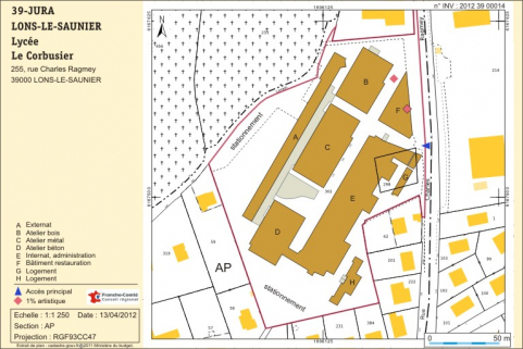 Plan-masse et de situation. Extrait du plan cadastral numérisé 2012, section AP, échelle 1/1 250. © Région Bourgogne-Franche-Comté, Inventaire du patrimoine Plan-masse et de situation. Extrait du plan cadastral numérisé 2012, section AP, échelle 1/1 250. © Région Bourgogne-Franche-Comté, Inventaire du patrimoine
