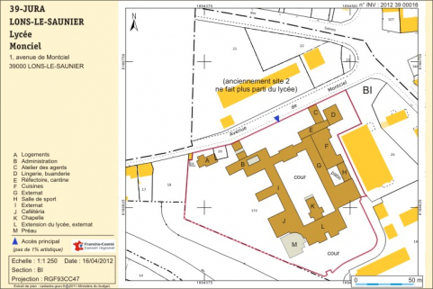 Plan-masse et de situation. Extrait du cadastre numérisé, 2011, section BI, échelle 1/1 250. © Région Franche-Comté, Inventaire du Patrimoine, ADAGP