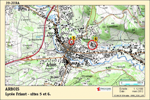 Carte de localisation du lycée Friant, sites d'Arbois. Carte topographique, IGN, 2012, dalle 0860-2220-L2E, échelle 1:12 500. © Région Franche-Comté, Inventaire du Patrimoine, ADAGP Carte de localisation du lycée Friant, sites d'Arbois. Carte topographique, IGN, 2012, dalle 0860-2220-L2E, échelle 1:12 500. © Région Franche-Comté, Inventaire du Patrimoine, ADAGP