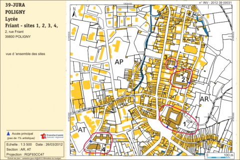 plan-masse et de situation. Extrait du plan numérisé cadastral 201s, sections AR, AT, échelle 1:1 3500. © Région Franche-Comté, Inventaire du Patrimoine, ADAGP