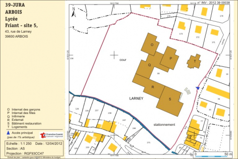 Plan-masse et de situation. Extrait du plan cadastral, numérisé, 2012, section AS, échelle 1/ 1 250. © Région Franche-Comté, Inventaire du Patrimoine, ADAGP Plan-masse et de situation. Extrait du plan cadastral, numérisé, 2012, section AS, échelle 1/ 1 250. © Région Franche-Comté, Inventaire du Patrimoine, ADAGP