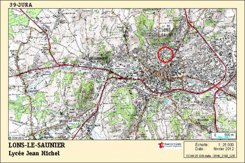 Carte de localisation du lycée Jean Michel. Carte topographique, IGN, 2012, dalle 0840-2190-L2E, échelle 1:25 000.  © Région Franche-Comté, Inventaire du Patrimoine, ADAGP