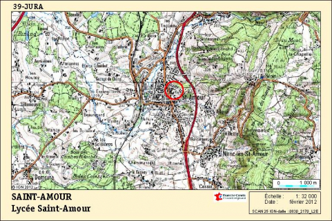 Carte de localisation du lycée Fillod. Carte topographique, IGN, 2012, dalle 0830-2170-L2E, échelle 1:32 000. © Région Franche-Comté, Inventaire du Patrimoine, ADAGP