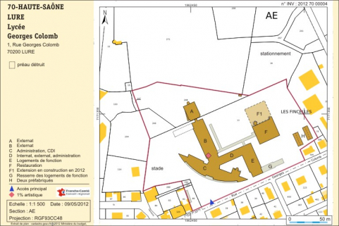 Plan-masse et de situation. Extrait du plan cadastral numérisé, sections AE, échelle 1:1500 © Région Bourgogne-Franche-Comté, Inventaire du patrimoine