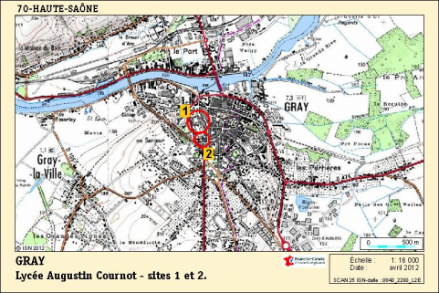 Carte de localisation des deux sites du lycée Cournot. Carte topographique, IGN, 2012, dalle 0840-2280-L2E, échelle 1:16 000.   © Région Bourgogne-Franche-Comté, Inventaire du patrimoine